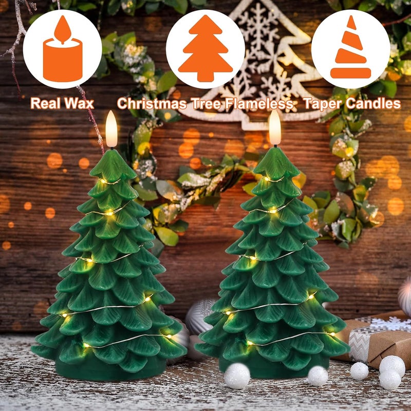 DRomance Christmas Tree Flameless Candles String Lights with 11-Key Remote and Timer, 2 Pack Green Real Wax Battery Operated 3D Wick LED Flickering Candles Dinner Holiday Indoor Decor(3" x 7.1") - Image 3